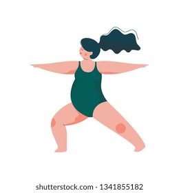 Beautiful Plus Size Curvy Woman in Virabhadrasana Warrior Position, Plump Girl in Swimsuit Practicing Yoga, Sport and Healthy Lifestyle Vector Illustration