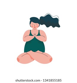 Beautiful Plus Size Curvy Woman in Padmasana Position, Plump Girl in Swimsuit Practicing Yoga, Sport and Healthy Lifestyle Vector Illustration