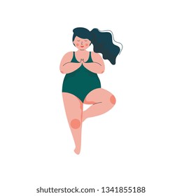 Beautiful Plus Size Curvy Woman in Vrikshasana Position, Plump Girl in Swimsuit Practicing Yoga, Sport and Healthy Lifestyle Vector Illustration