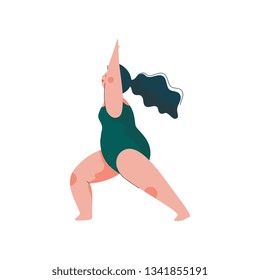 Beautiful Plus Size Curvy Woman in Virabhadrasana Position, Plump Girl in Swimsuit Practicing Yoga, Sport and Healthy Lifestyle Vector Illustration