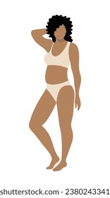 Beautiful plus size dark-skinned woman in a bikini. Female curvy character. Positive body concept. Isolated vector illustration