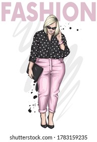 Beautiful plus size girl in stylish clothes. Woman in shirt, trousers and shoes. Fashionable accessories. Vector illustration for a postcard or poster. Fashion and Style. Body positive.