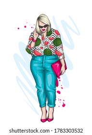 Beautiful plus size girl in stylish clothes. Woman in shirt, trousers and shoes. Fashionable accessories. Vector illustration for a postcard or poster. Fashion and Style. Body positive.