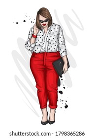 Beautiful plus size girl in stylish clothes. Woman in shirt, trousers and shoes. Fashionable accessories. Vector illustration for a postcard or poster. Fashion and Style. Body positive.