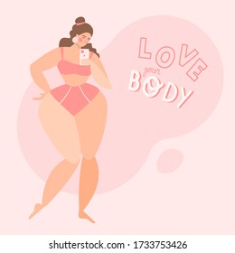 Hermosa chica más grande. Mujer con sobrepeso vectorial tomando selfie. Grabado bodypositivo para tarjeta en fondo rosa