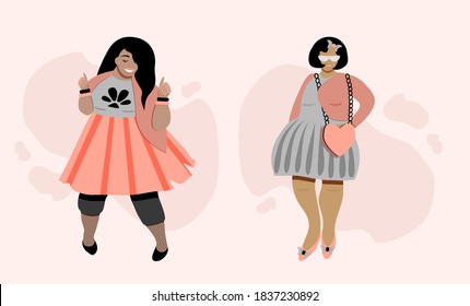 Beautiful plus size girls in stylish coats. vector illustration.