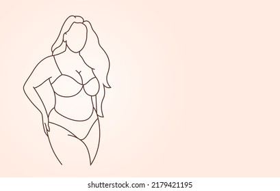 Beautiful Plus Size Lady, Copy Space Banner. Big Woman Line Art Hand Drawing Illustration. Bikini Outline Sketch. Body Positive Poster, Clear Space. Empty Wallpaper, Chubby Girl. Girl Large Figure