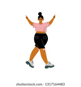 Beautiful Plus Size Woman in Casual Clothes, African American Female Character Loving Her Body, Self Acceptance, Beauty Diversity, Body Positive Vector Illustration