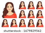 Beautiful plus size woman with different facial expressions set isolated vector illustration