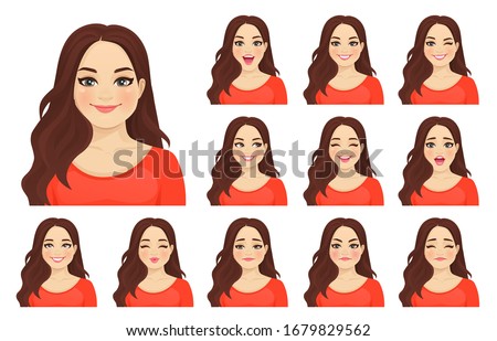 Beautiful plus size woman with different facial expressions set isolated vector illustration