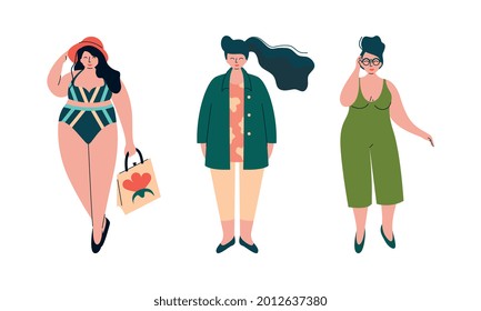 Beautiful Plus Size Woman in Fashionable Clothes Vector Set