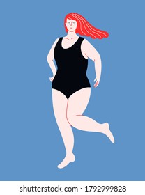 Beautiful Plus Size Woman With Flutter Red Hair In One Piece Swimsuit. Body Positive Flat Vector Illustration. Curvy Female Character On Blue Background