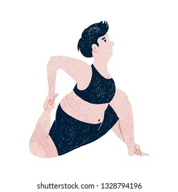 Beautiful plus size woman stratching. Body positive concept. Vector illustration