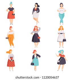 Beautiful plus size women in fashionable clothes set, curvy, overweigh girl pinup model vector Illustrations on a white background