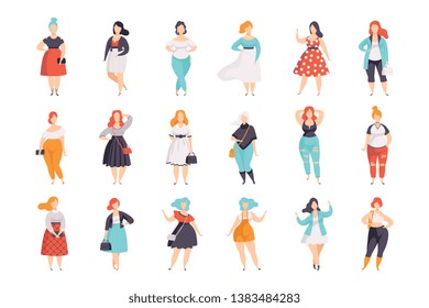 Beautiful plus size women in fashionable clothes set, curvy, overweigh girl pinup model vector Illustrations on a white background