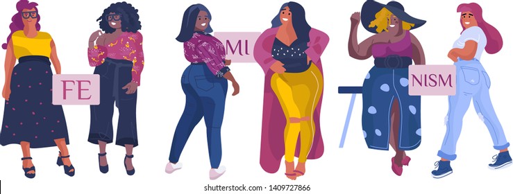 Beautiful plus size women in fashionable clothes set, curvy, overweigh girl pinup model vector Illustrations on a white background , Feminism