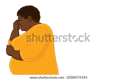 Beautiful plus size young or Overweightl woman suffering from depression stood alone, sad, cried of despair, wiping tears, sad mood of obese lady Concept. Illustration, vector isolated on background.