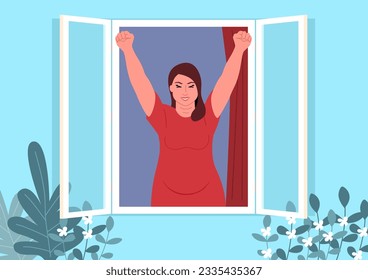 Beautiful plus size young woman doing morning stretch at the window, daily routine, breathe fresh air, vector illustration