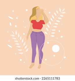 A beautiful plus-size woman on a beige background. Love your body. Vector illustration of body positive vibes, positive energy, lifestyle and fashion.  Banner, brochure, poster, card.