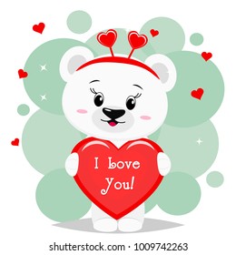 A beautiful polar bear in red bow , stands and keeps a red heart in its paws, a cartoon. Valentine's Day. Vector, flat design.