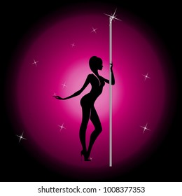 Beautiful pole dancer silhouette on stage.Vector illustration.