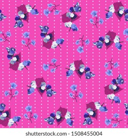 Beautiful polka dot pattern with ajuga and dolichos flowers on bright pink background. Seamless print for fabric in retro style.