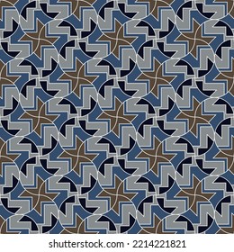 Beautiful polygonal seamless pattern in cold colors. Overlapping art forms, stripes, polygons, segments are grouped and arranged in a certain order. Vector. 