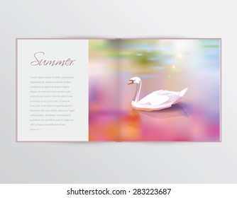 beautiful polygonal white swan in a colorful vibrant pond vector illustration in open magazine, catalog or brochure template mockup layout