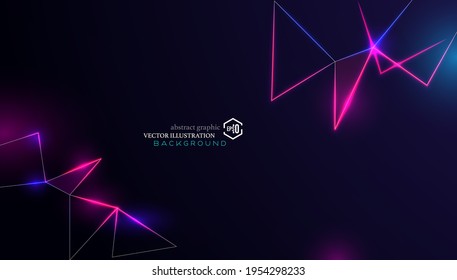 Beautiful polygons neon effect on dark background. 3D effect triangle elements. Abstract vector technology background.