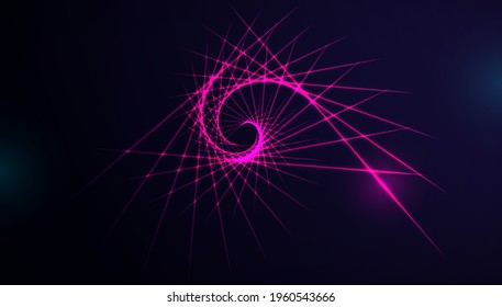 Beautiful polygons neon effect on dark background. 3D effect spiral elements. Abstract vector technology background.