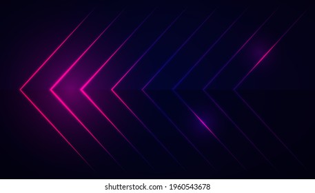 Beautiful polygons neon effect on dark background. 3D effect arrow elements. Abstract vector technology background.