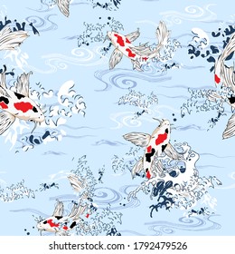 BEAUTIFUL POND FISH SEAMLESS PATTERN ART DESIGN FASHION BACKGROUND WALLPAPER, Hawaii Japan Style, koi fish