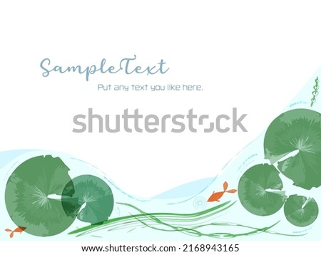 Beautiful pond with lotus leaves and red goldfish, watercolor drawing, framed background
