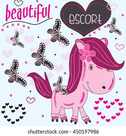 beautiful pony with butterflies and hearts vector illustration