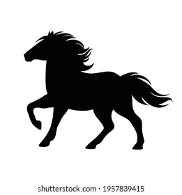 beautiful pony with flying mane and tail - cute little horse running forward black and white vector silhouette