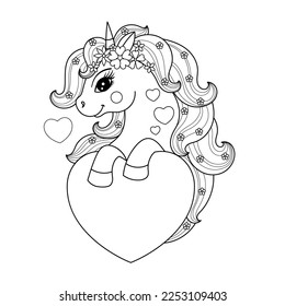 Beautiful pony unicorn holding a heart.Black and white linear illustration. For kids design prints, posters, coloring books, stickers, puzzles and so on. Vector illustration