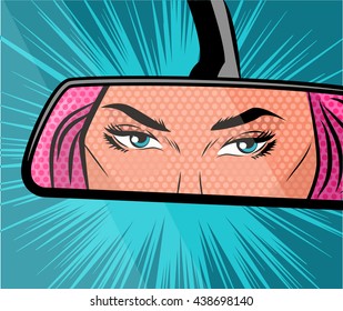 Beautiful pop art girl looks in the mirror of car. Vector illustration