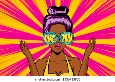 Beautiful Pop Art Girl Surprised Face In Glasses. Comic Text Wow. Bright Fashionable Vector Illustration Of Emotions. Best Sale Cartoon Advertise. Sexy Shocked African Black Woman.