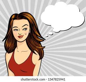 Beautiful pop art illustration with a girl and speech bubble on a white background for concept design. Cute girl illustration