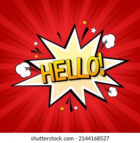 Beautiful pop art red font on colorful backdrop. Call icon vector. Pop art style. Hello banner vector illustration