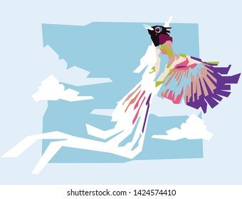 Beautiful pop art style of small bird flaying with sky background