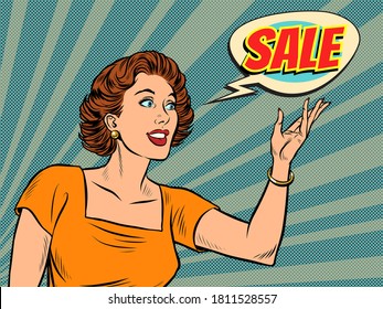 A beautiful pop art woman advertises a sale. Pop art retro vector illustration kitsch vintage 50s 60s style