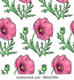 Beautiful poppies on a white background.Vector seamless pattern