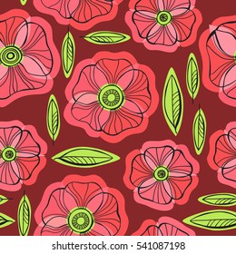 Beautiful Poppy Flowers set, Colorful Vector seamless pattern.