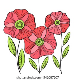 Beautiful Poppy Flowers set, Colorful Vector holiday card.