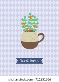 beautiful porcelain pottery plant sweet home greeting card vector