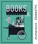 Beautiful portable book cart vector illustration | Small bookshop stand with secondhand books. Ideal for book themed graphic and web design, posters, wall art and other printables