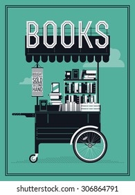 Beautiful portable book cart vector illustration | Small bookshop stand with secondhand books. Ideal for book themed graphic and web design, posters, wall art and other printables