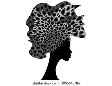 Beautiful portrait Afro Woman in Traditional Head tie Scarf Turban in leopard texture. African wedding hairstyle Head wrap, head scarf, Jungle afro safari tropical animal pattern. Isolated on white