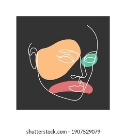 Beautiful Portrait Continuous Silhouette Art. Abstract Minimalistic Linear Sketch. Pretty Face, Profile. Modern Art. Avant Garde Style Illustration. Trendy Vector Color Silhouette 